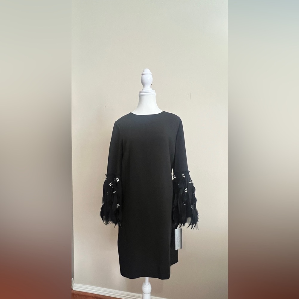 Black mini dress with feathers on the sleeves and stones